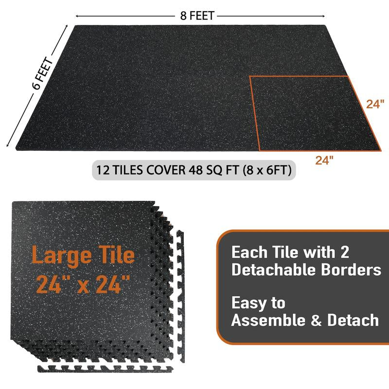 AIRHOP 0.79In Thick 48 Sq Ft Exercise Equipment Mats, 12 Tiles Upgraded Rubber Top with High Density EVA Foam, Large Interlocking Puzzle Gym Flooring for Home Gym, Heavy Weight Workout,Black & White