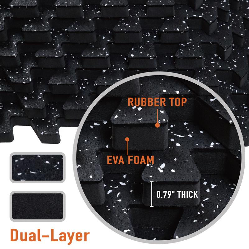 AIRHOP 0.79In Thick 48 Sq Ft Exercise Equipment Mats, 12 Tiles Upgraded Rubber Top with High Density EVA Foam, Large Interlocking Puzzle Gym Flooring for Home Gym, Heavy Weight Workout,Black & White